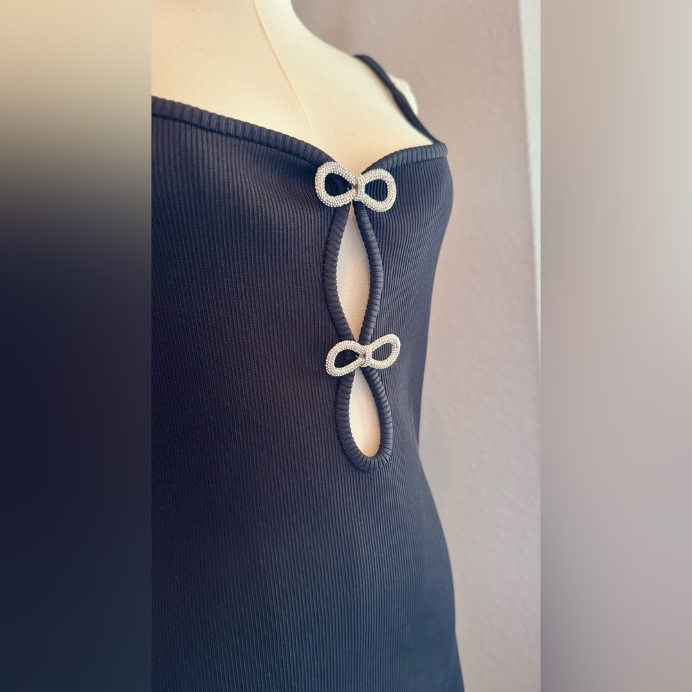 MACH & MACH Crystal Bow Ribbed Black Mini Dress - Picture 8 of 16